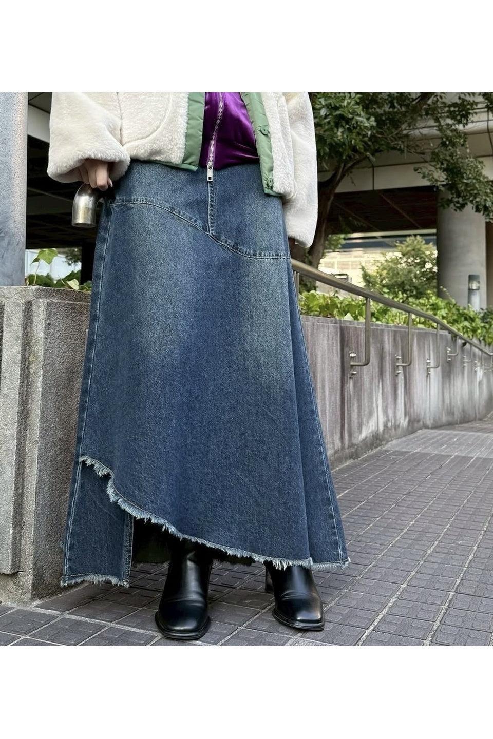 MICALLE MICALLE-Asymmetric Cut Denim Long Skirt-NOWALL