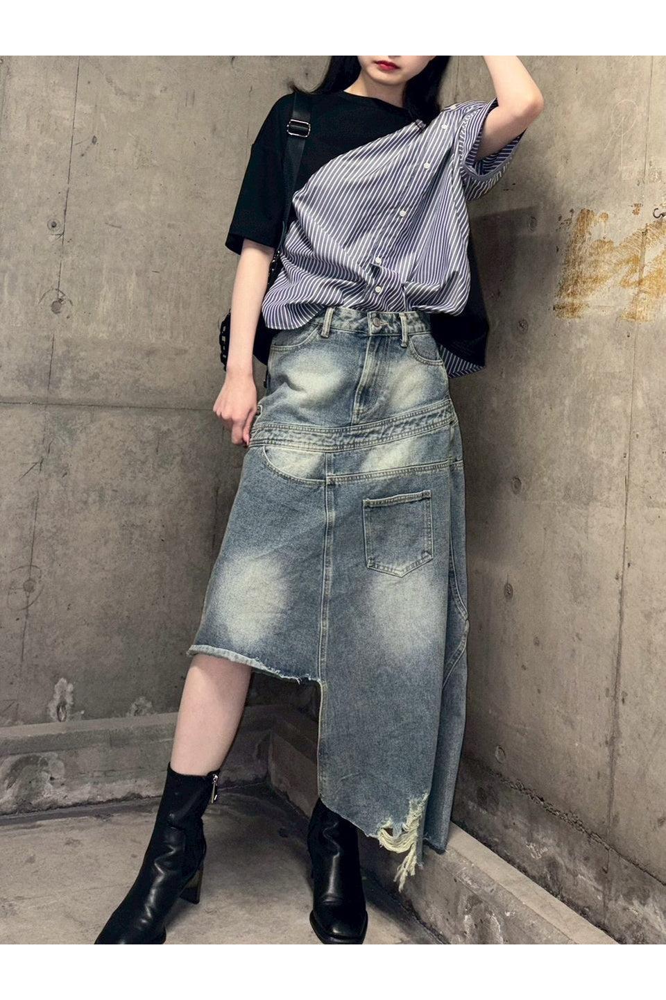 MICALLE MICALLE-Asymmetry Docking Stripe Shirt Tee-NOWALL