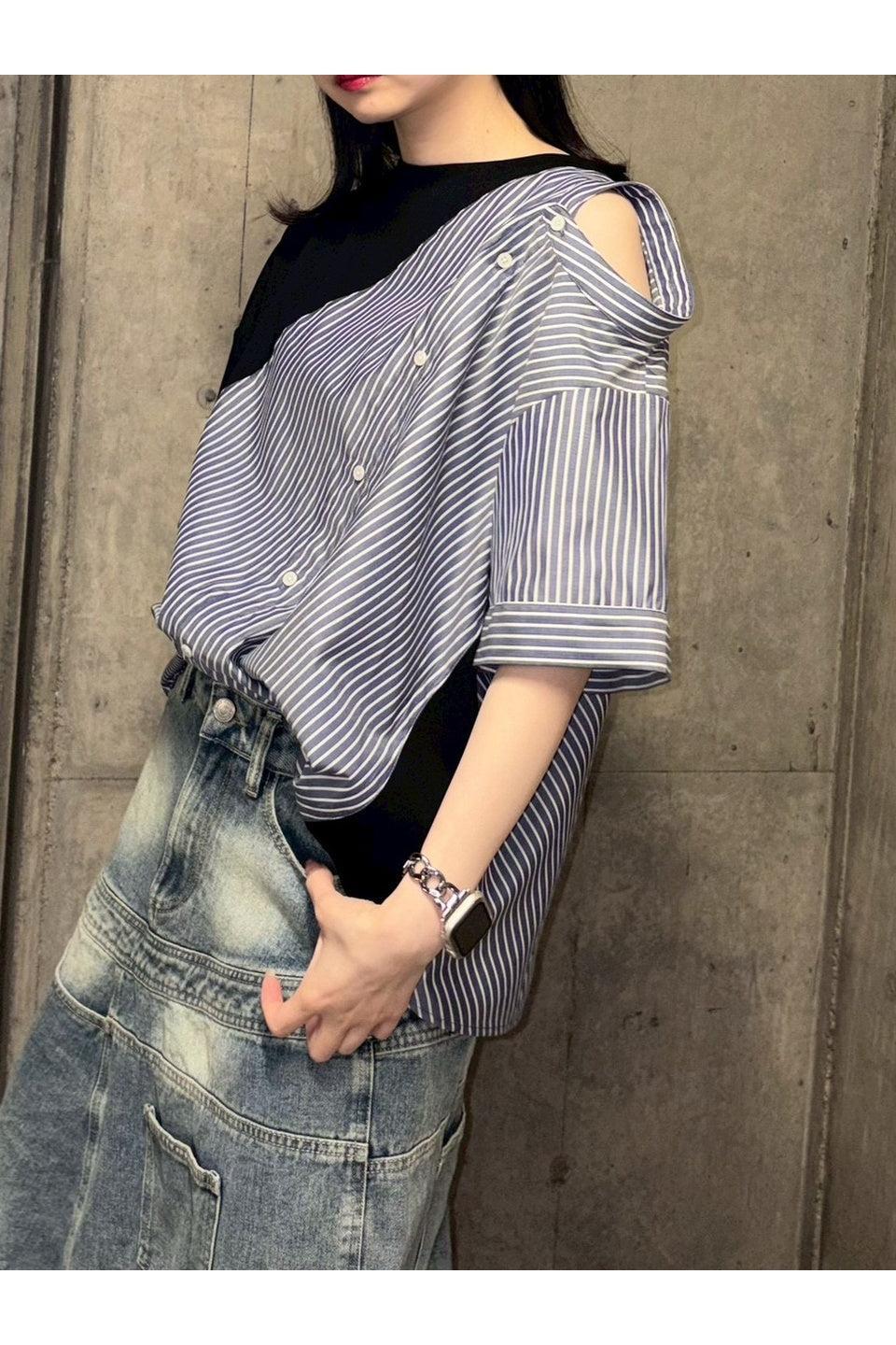 MICALLE MICALLE-Asymmetry Docking Stripe Shirt Tee-NOWALL