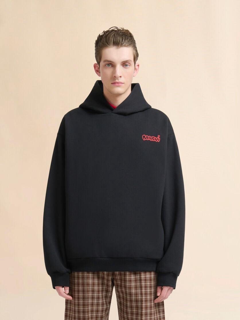 MARNI-Black Cotton Hoodie with Piggy Print-NOWALL