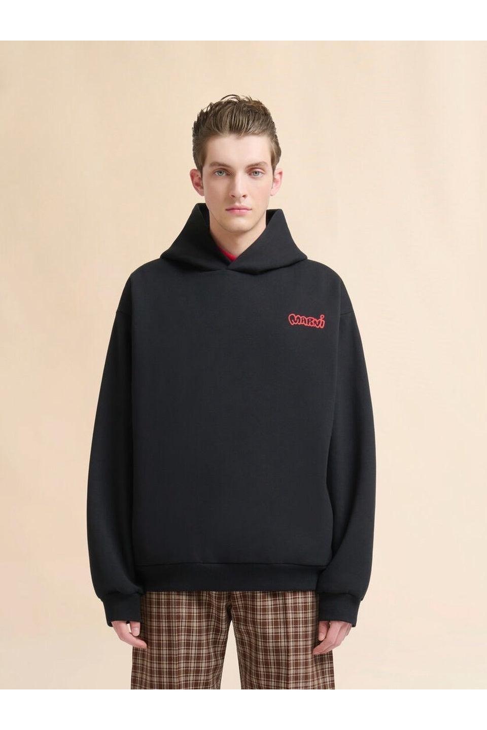 MARNI-Black Cotton Hoodie with Piggy Print-NOWALL