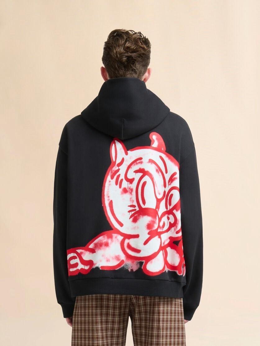 MARNI-Black Cotton Hoodie with Piggy Print-NOWALL