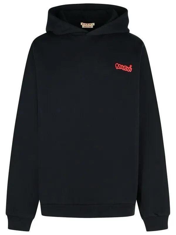 MARNI-Black Cotton Hoodie with Piggy Print-NOWALL