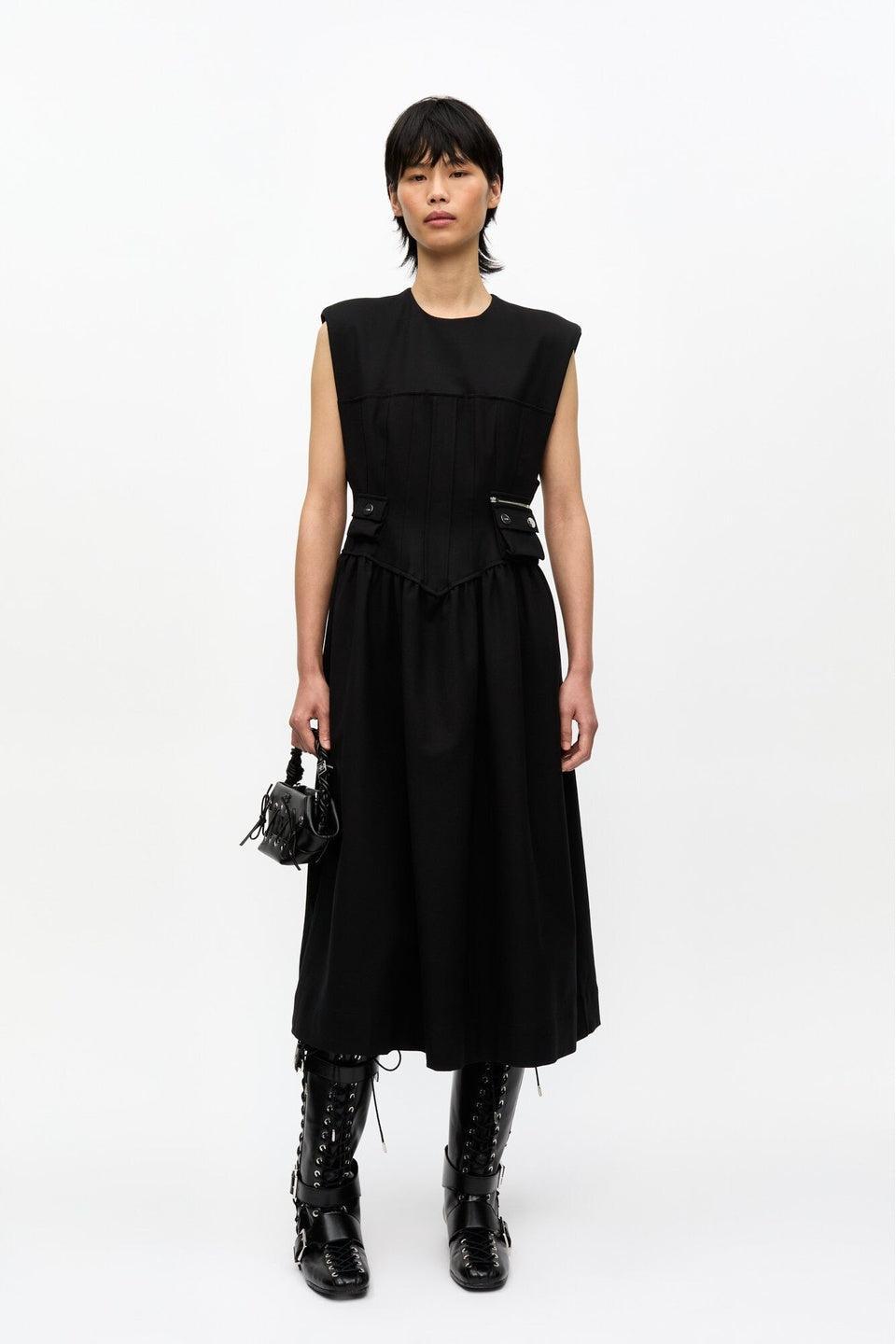 GANNI-Black Heavy Cotton Corset Midi Dress-NOWALL