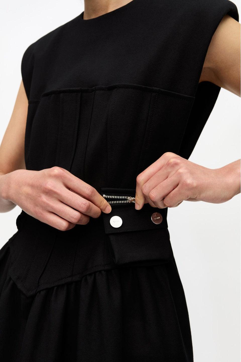 GANNI-Black Heavy Cotton Corset Midi Dress-NOWALL
