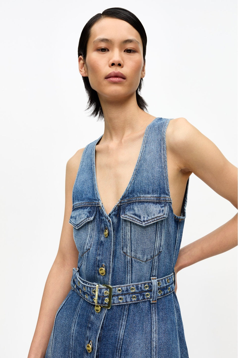 GANNI-Blue Belted Midi Dress-NOWALL