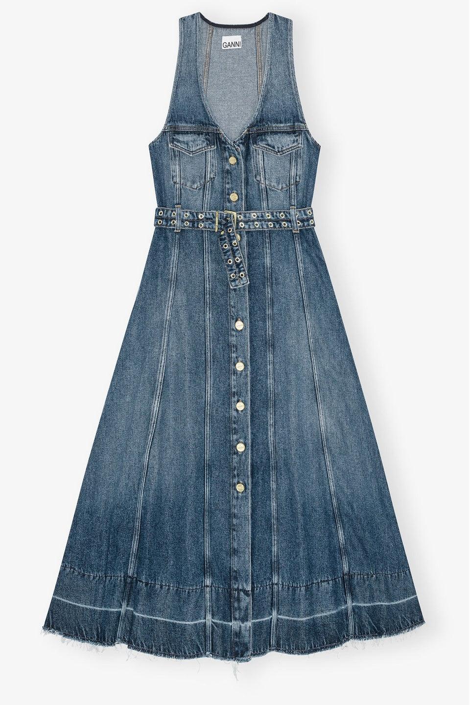 GANNI-Blue Belted Midi Dress-NOWALL