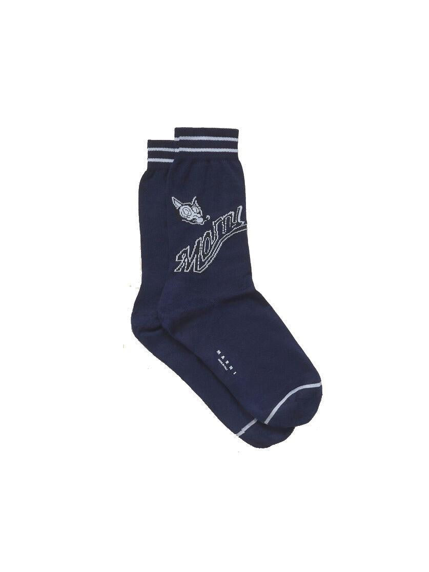 MARNI-Deep blue cotton socks with wolf detail / White cotton socks with wolf detail-NOWALL