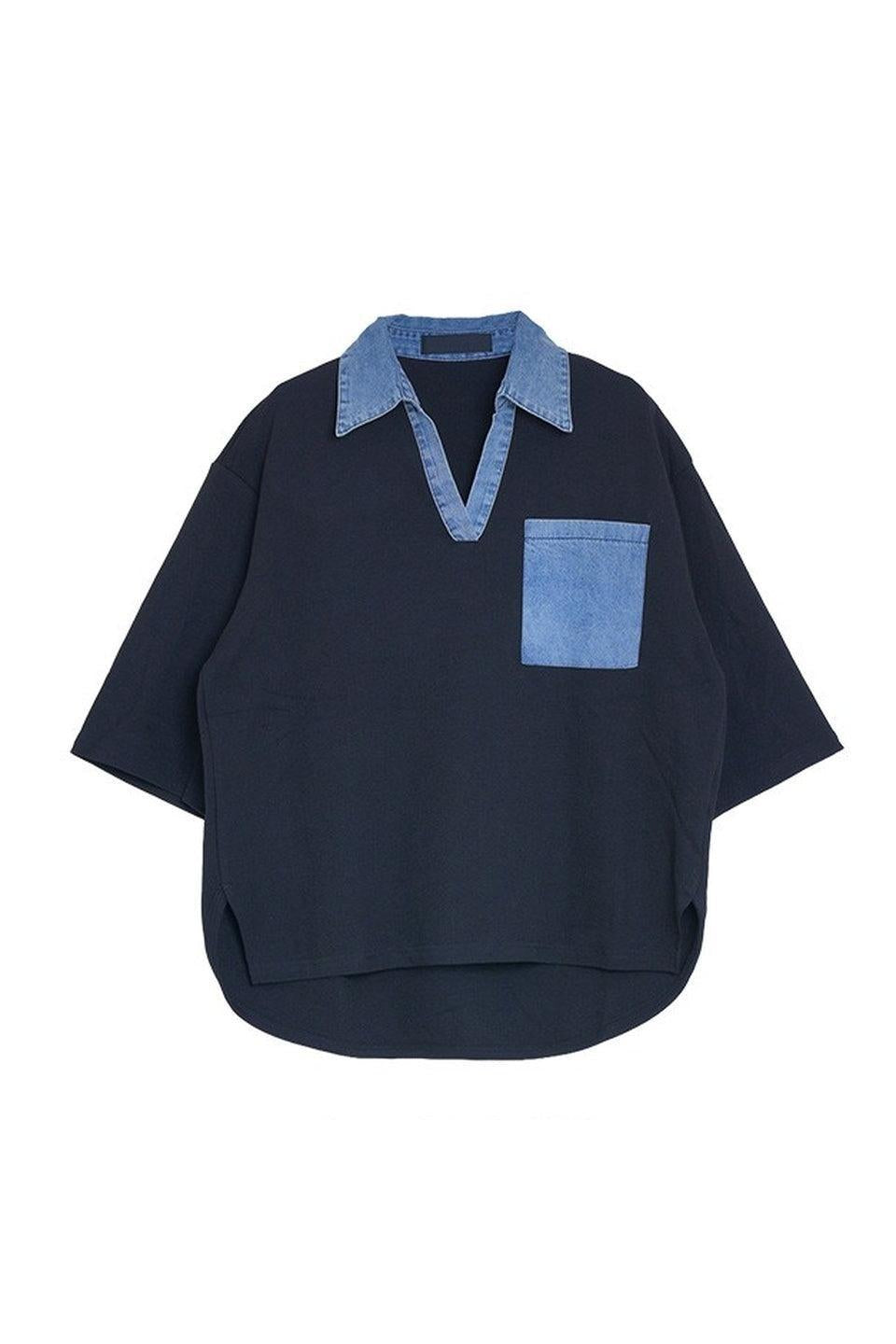 MICALLE MICALLE-Denim Collar Sweat Top-NOWALL