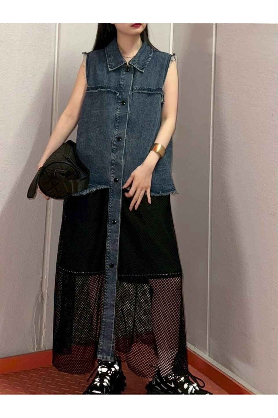 MICALLE MICALLE-Denim Mesh Docking Dress-NOWALL