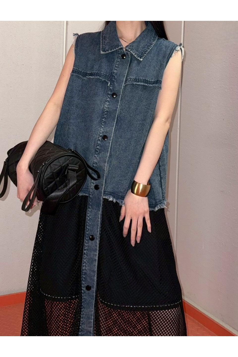 MICALLE MICALLE-Denim Mesh Docking Dress-NOWALL