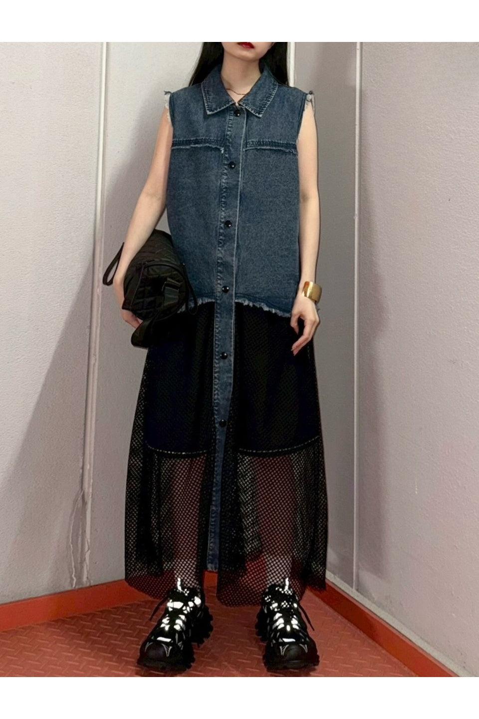 MICALLE MICALLE-Denim Mesh Docking Dress-NOWALL