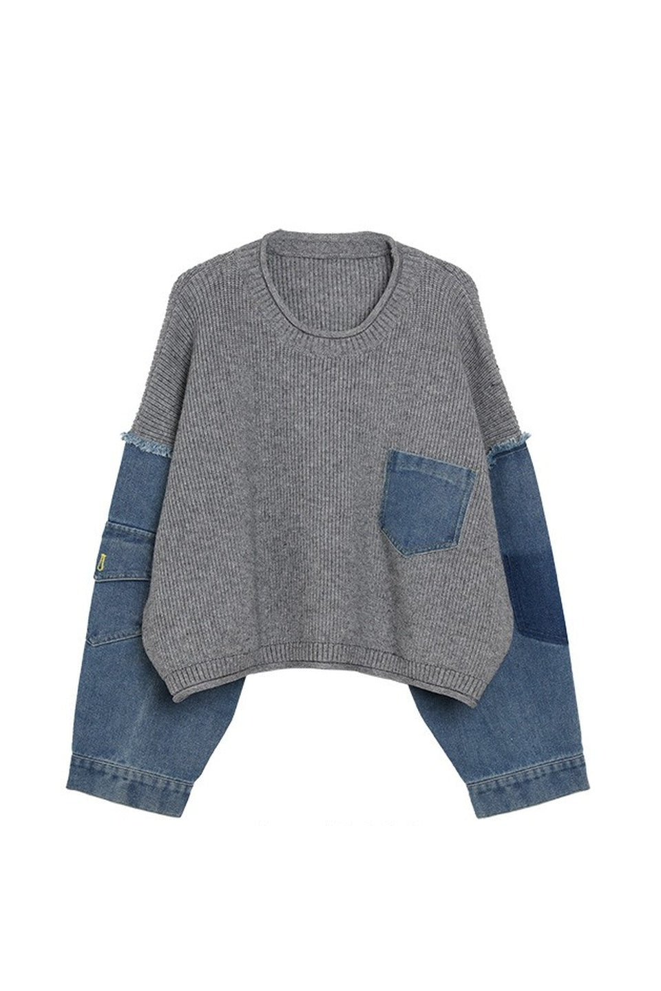 MICALLE MICALLE-Denim Sleeve Knit Pullover-NOWALL