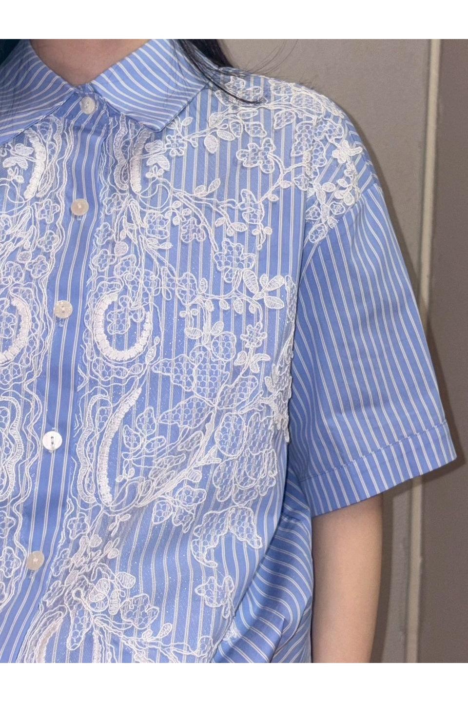 MICALLE MICALLE-Embroidery Lace Stripe Shirt-NOWALL