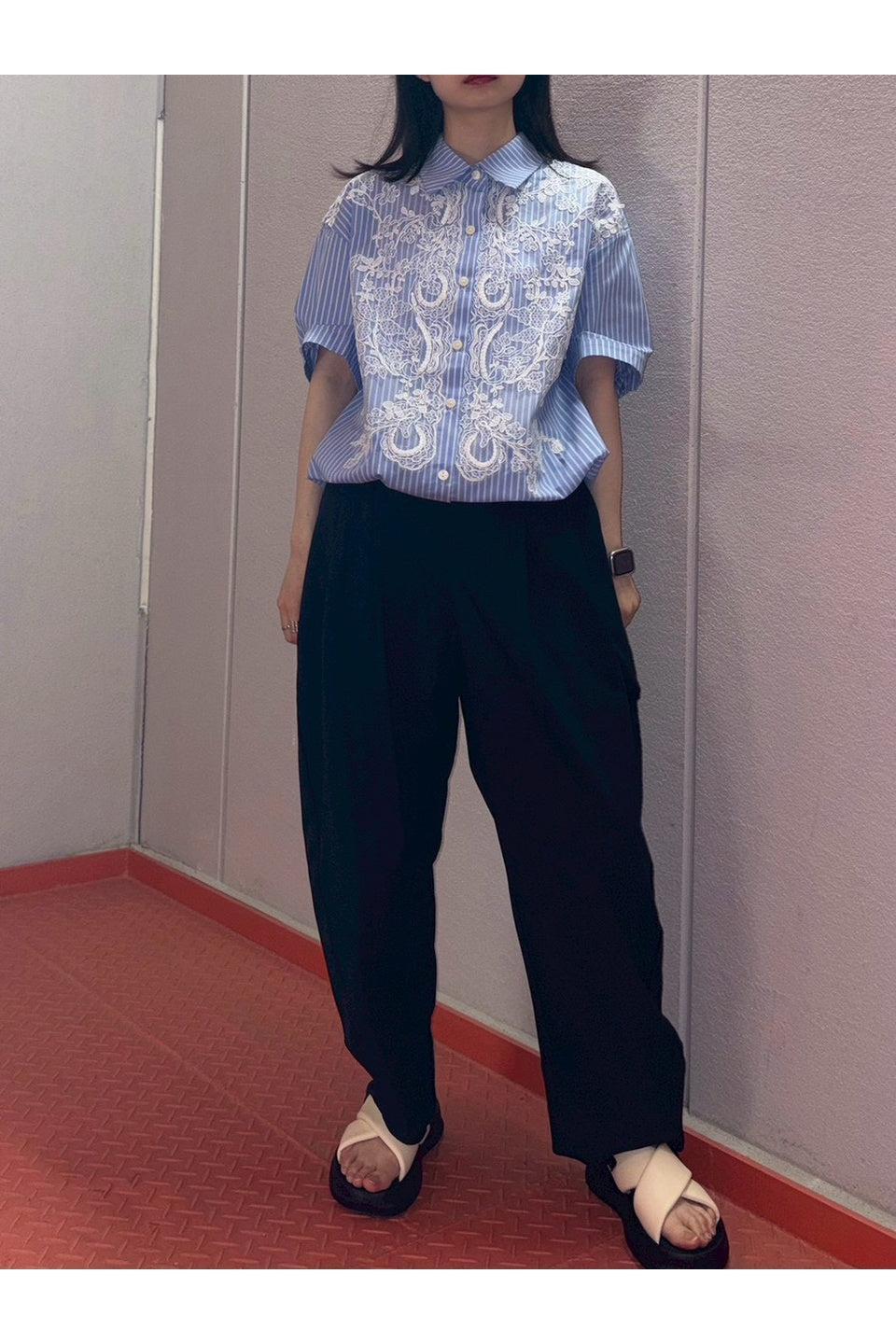 MICALLE MICALLE-Embroidery Lace Stripe Shirt-NOWALL