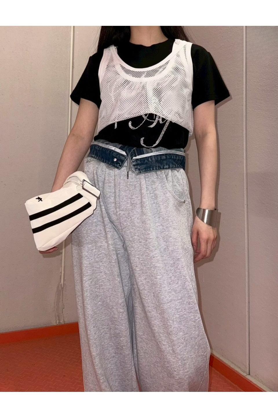 MICALLE MICALLE-Denim Waist Docking Sweat Wide Pants-NOWALL