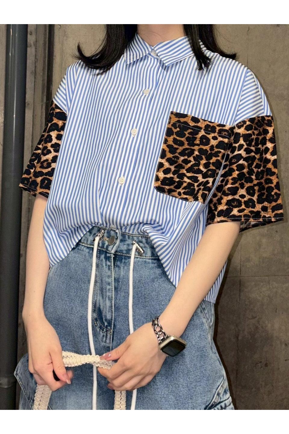 MICALLE MICALLE-Leopard Sleeve Stripe Shirt-NOWALL