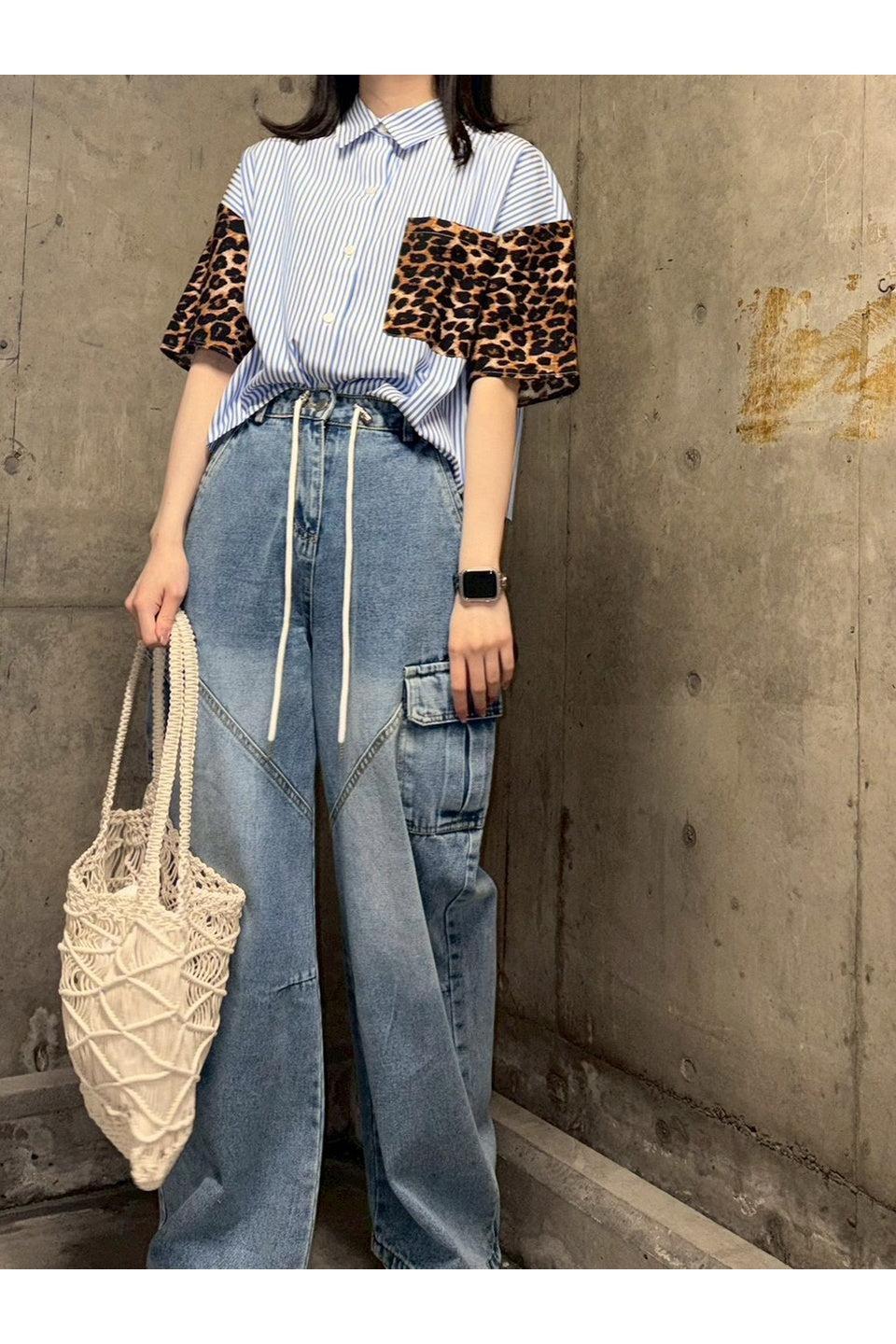 MICALLE MICALLE-Leopard Sleeve Stripe Shirt-NOWALL