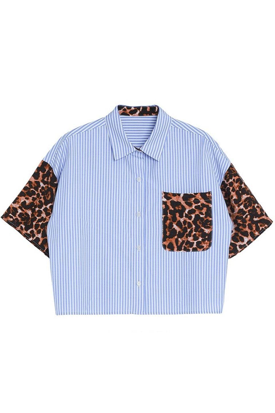 MICALLE MICALLE-Leopard Sleeve Stripe Shirt-NOWALL