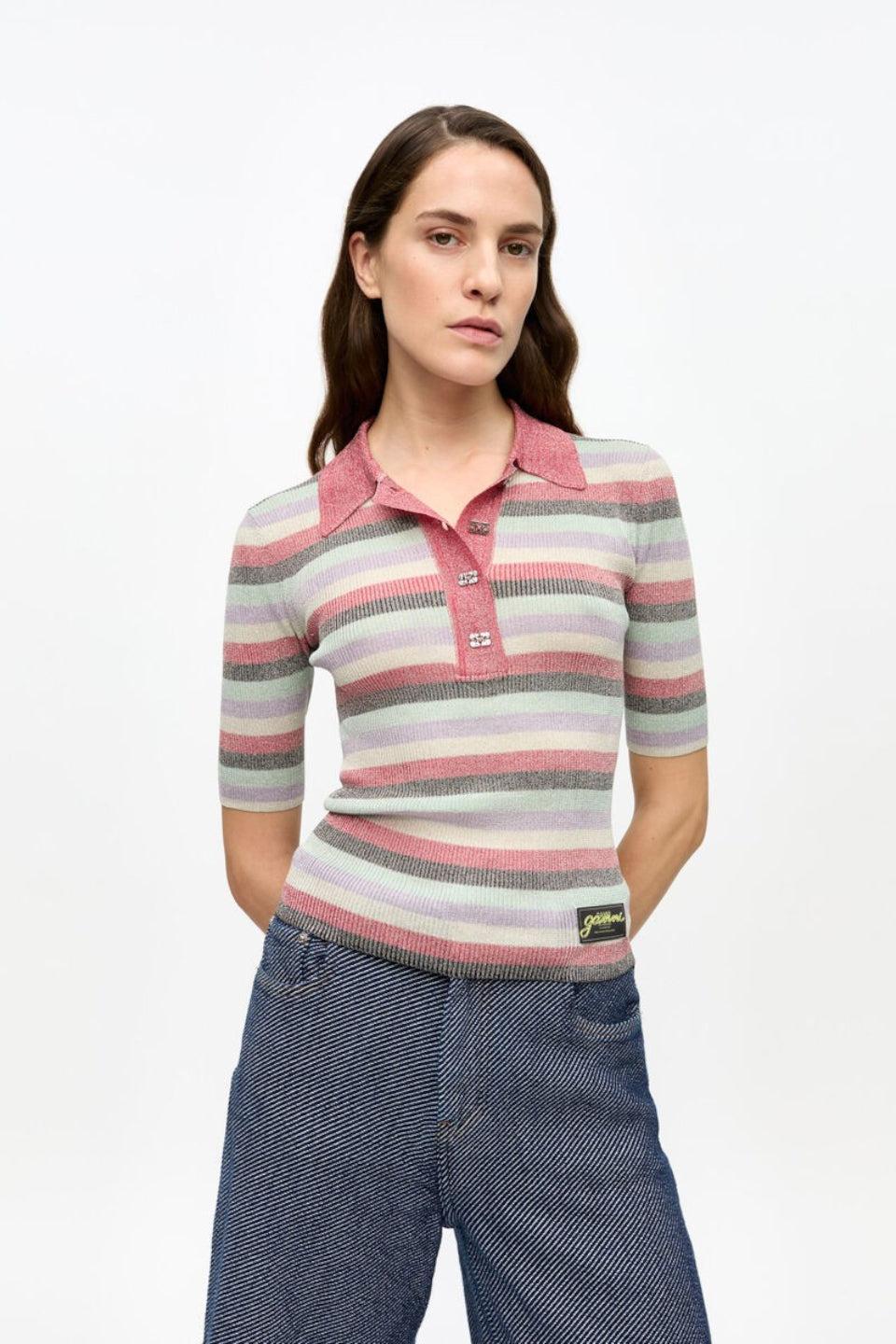 GANNI-Light Sparkle Rib Polo-NOWALL