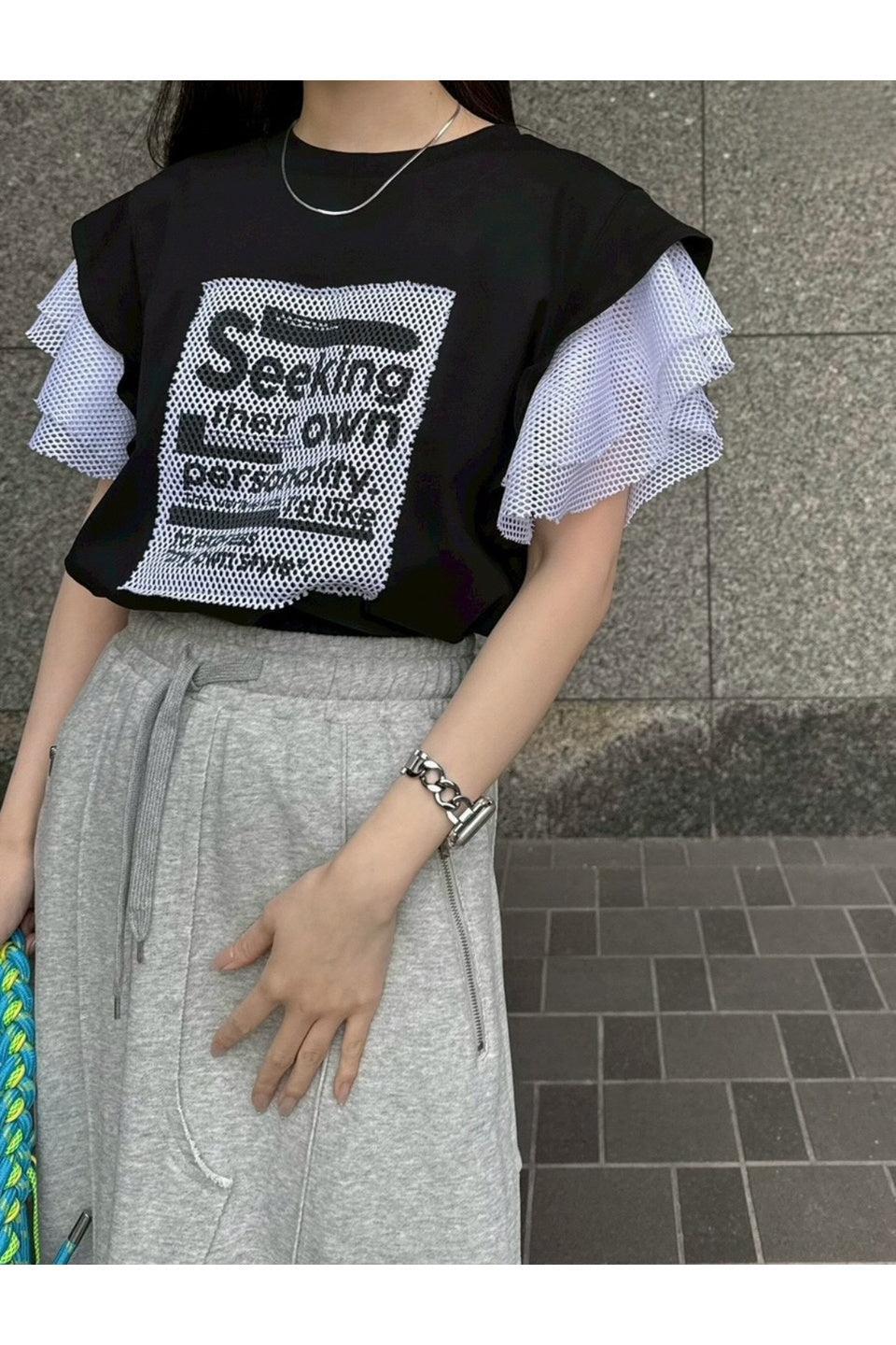 MICALLE MICALLE-Mesh Frill Sleeve Tee-NOWALL