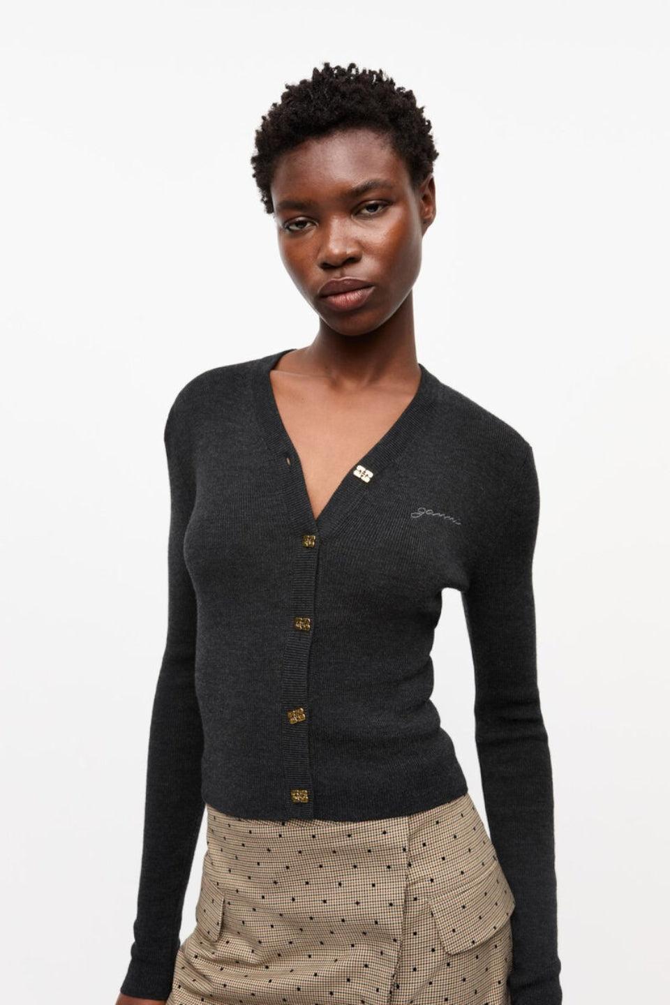 GANNI-Mini Ribbed Merino Cardigan-NOWALL