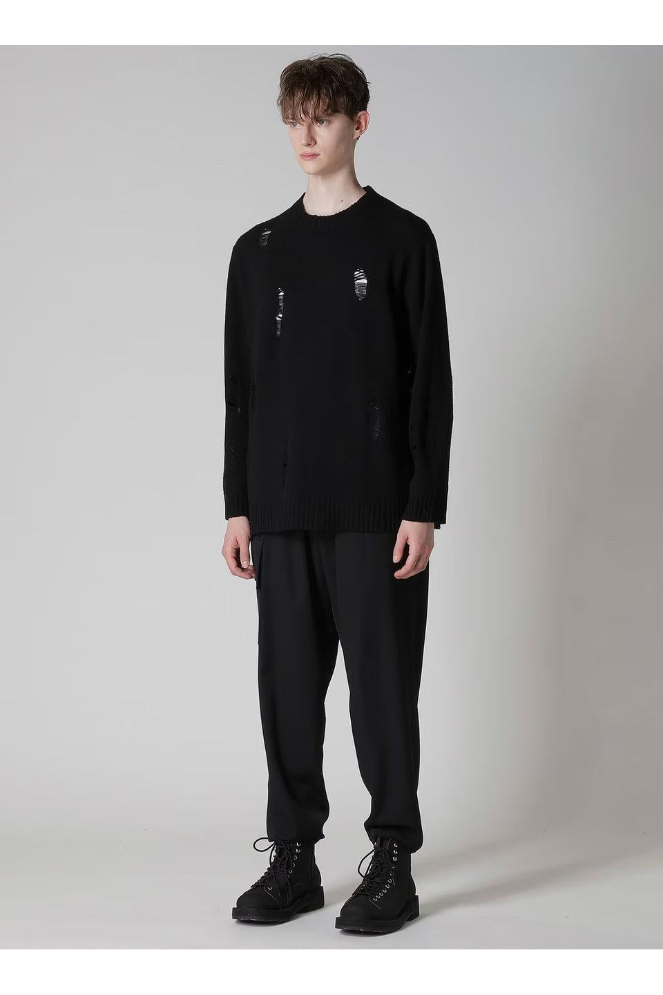 Yohji Yamamoto POUR HOMME-PLAIN STITCH CRASHED ROUND NECK PULLOVER-NOWALL