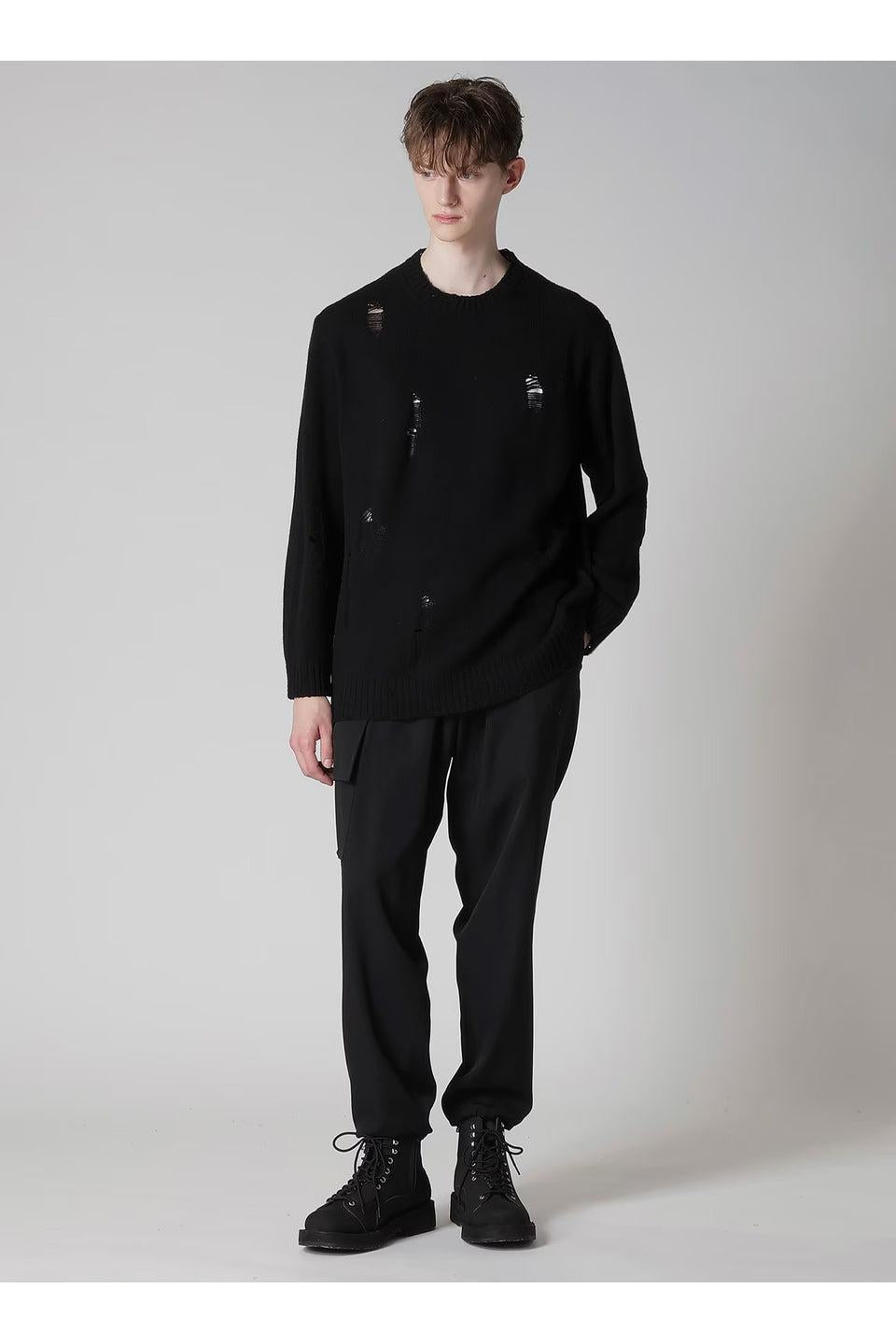 Yohji Yamamoto POUR HOMME-PLAIN STITCH CRASHED ROUND NECK PULLOVER-NOWALL