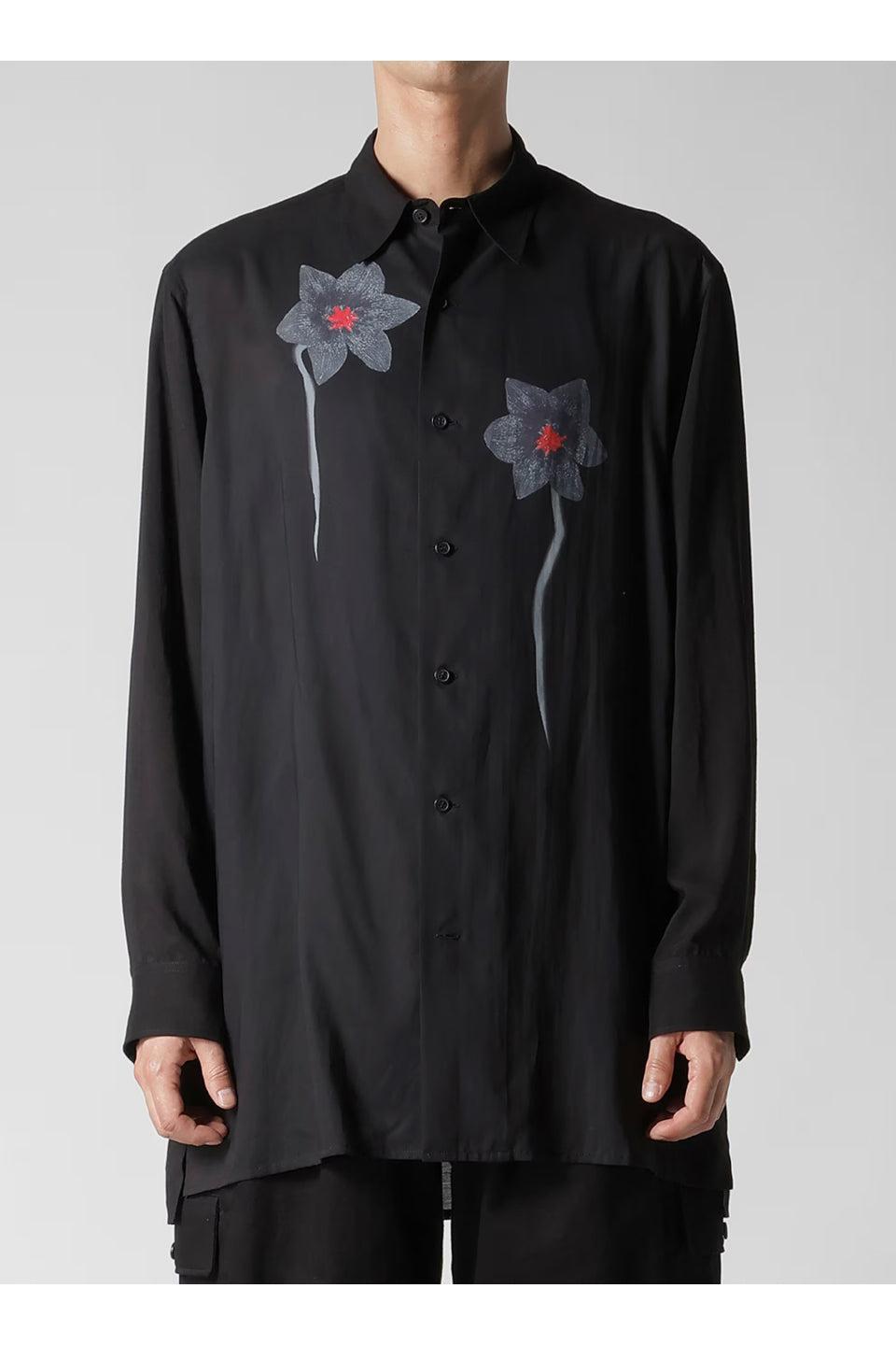 Y's for men-Regular Collar Shirt with Black Flower Print-NOWALL