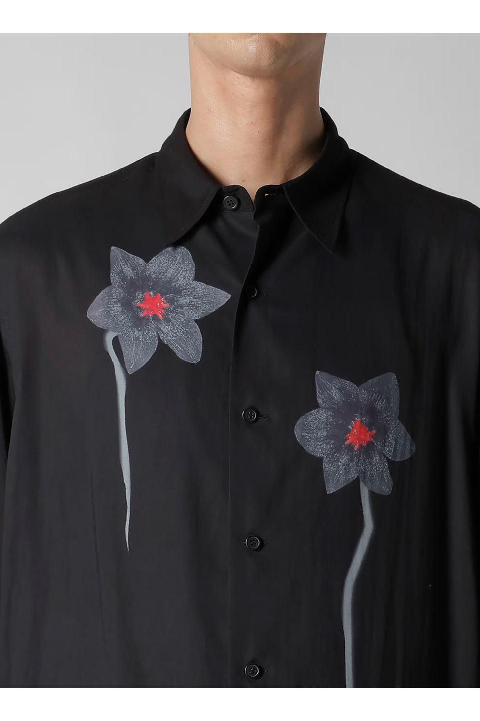 Y's for men-Regular Collar Shirt with Black Flower Print-NOWALL