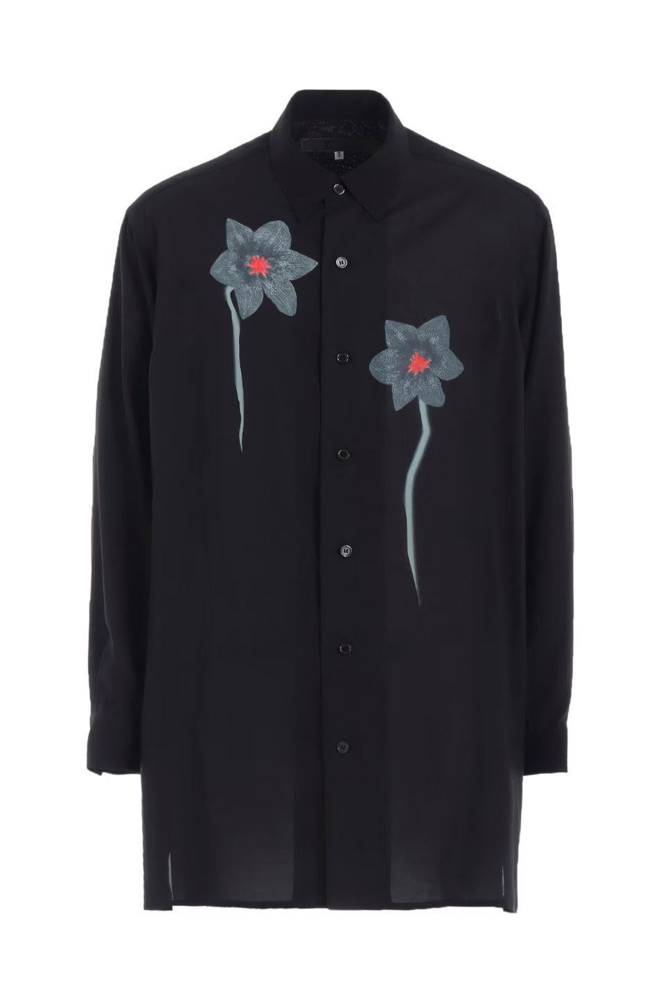 Y's for men-Regular Collar Shirt with Black Flower Print-NOWALL