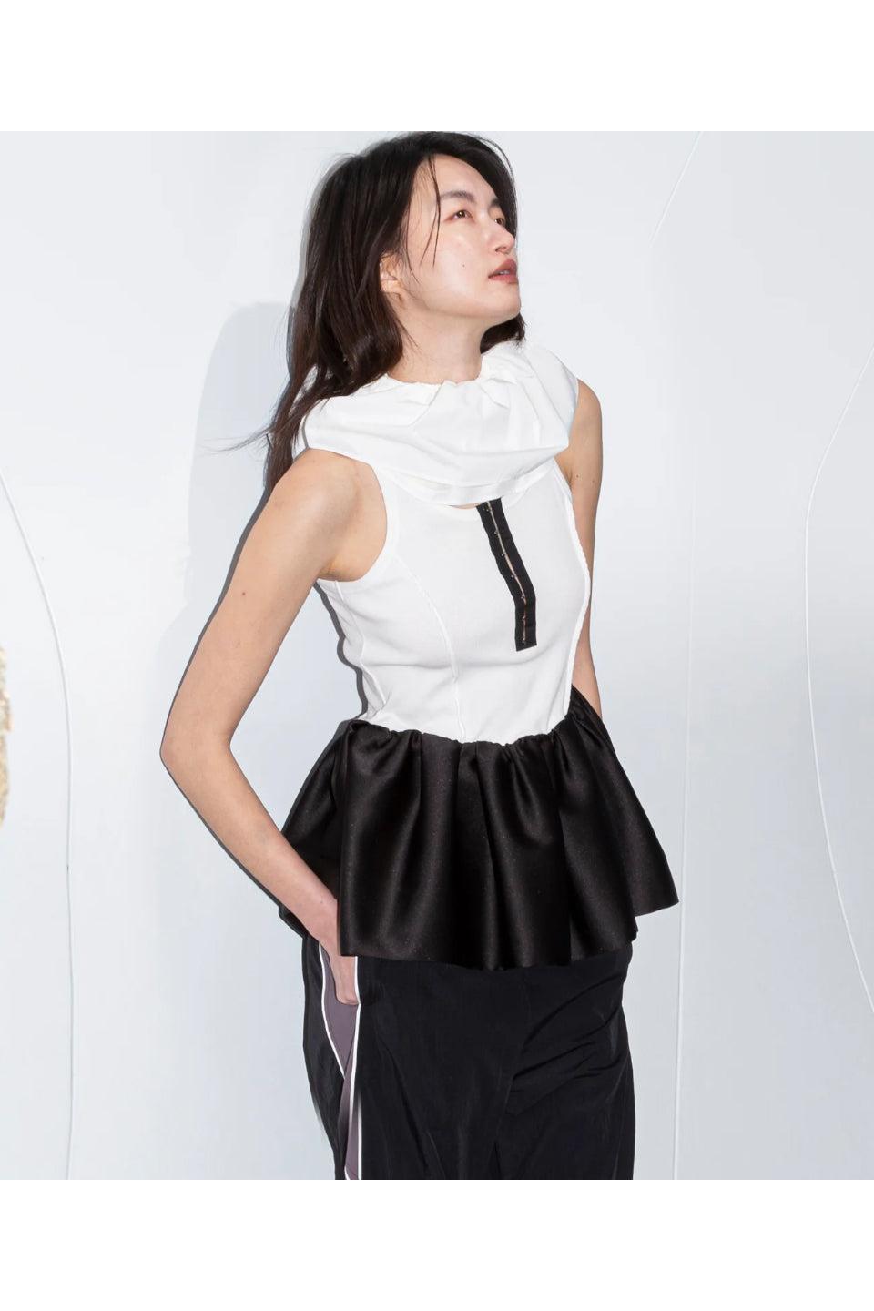 MAISON SPECIAL-Satin Combination Peplum Tank Top-NOWALL