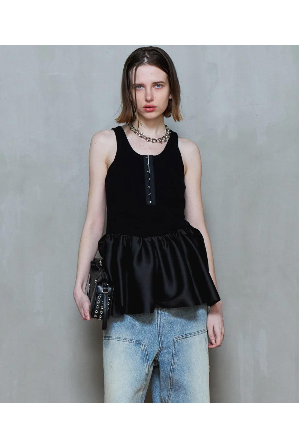MAISON SPECIAL-Satin Combination Peplum Tank Top-NOWALL