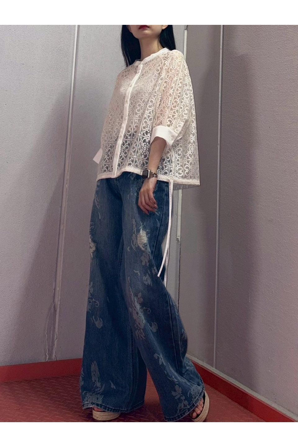 MICALLE MICALLE-Sheer Lace Drawstring Cardigan-NOWALL