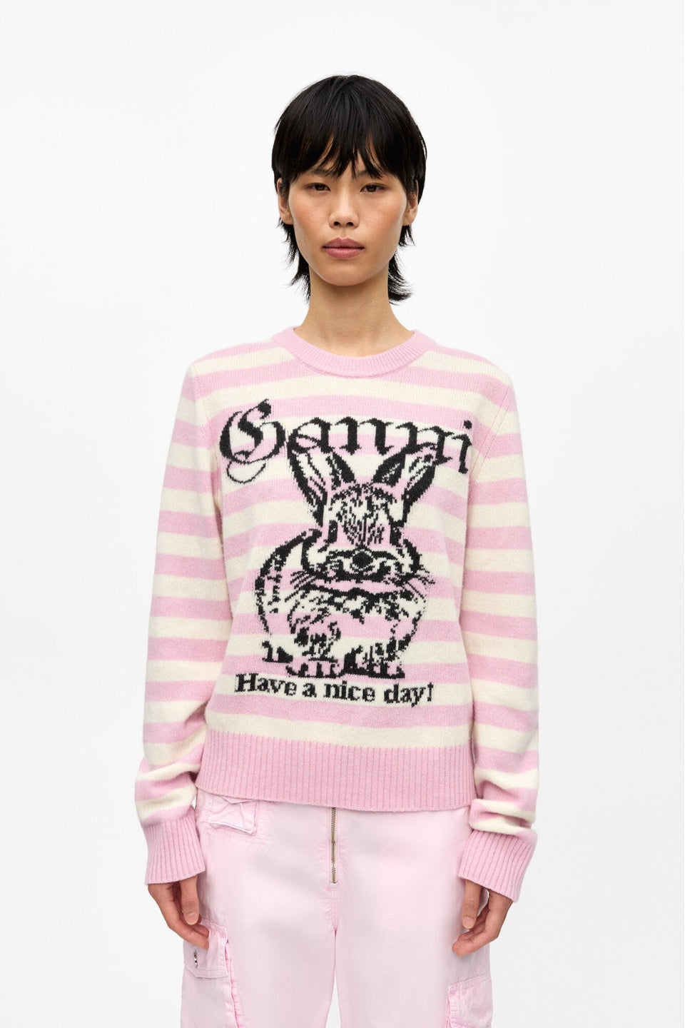GANNI-Striped Graphic Wool Bunny Jumper-NOWALL