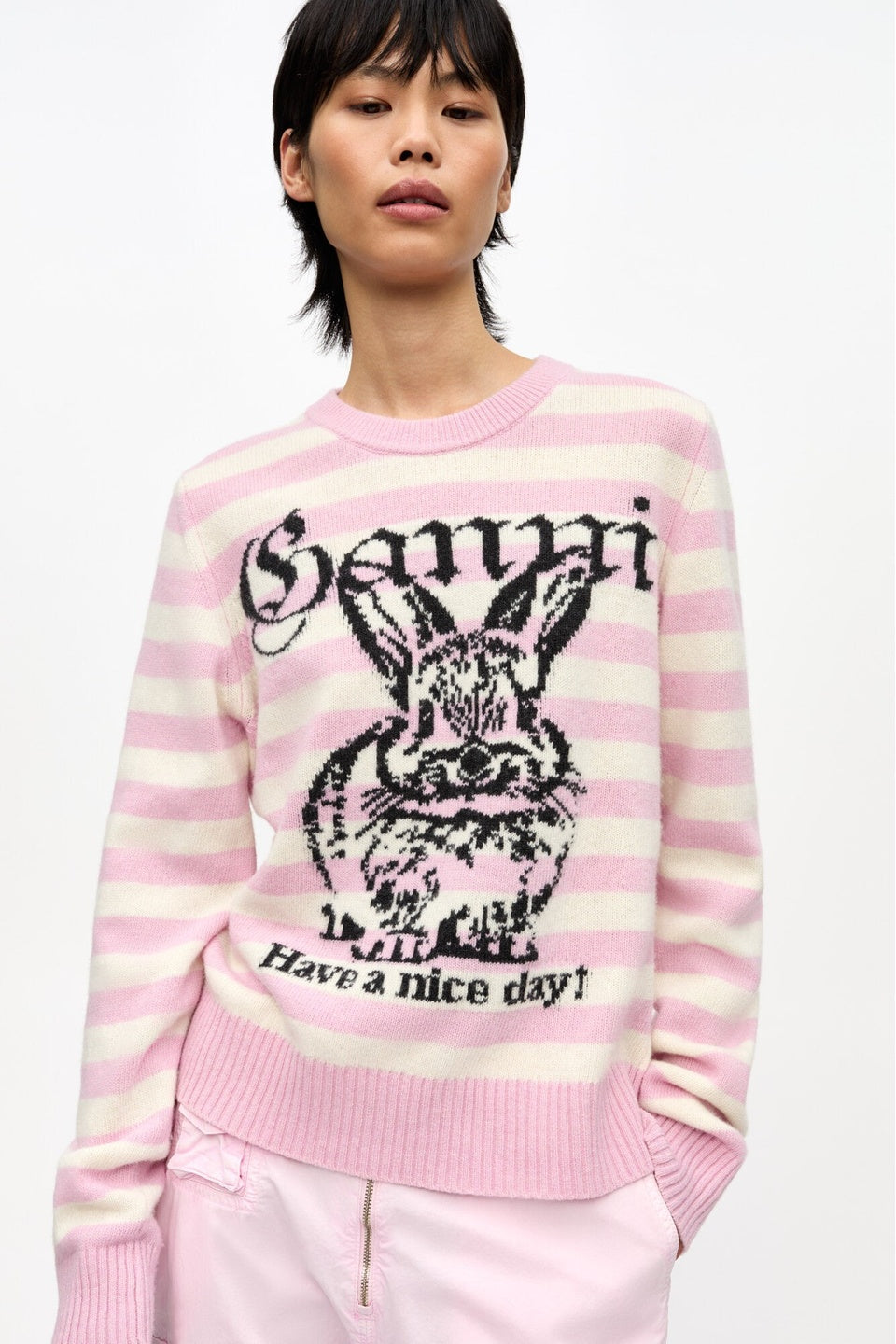 GANNI-Striped Graphic Wool Bunny Jumper-NOWALL