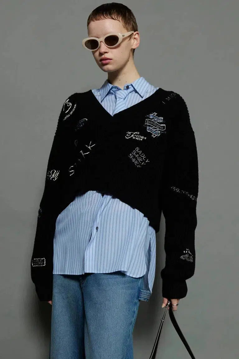 MAISON SPECIAL-V-neck Embroidery Knitwear-NOWALL