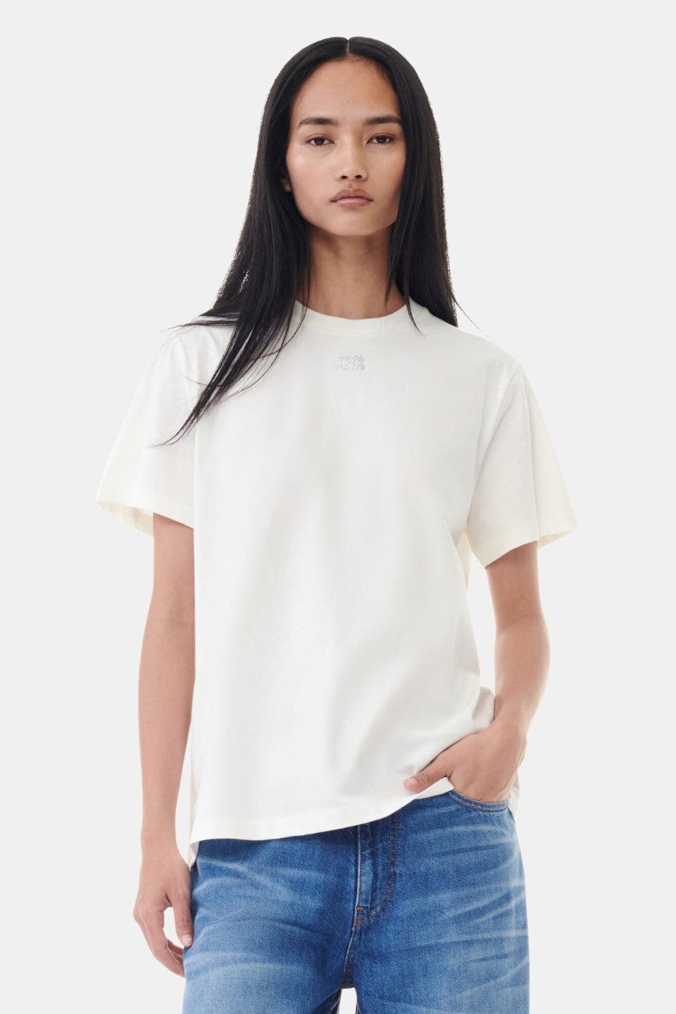 GANNI-White Basic Jersey Rhinestone Relaxed T-shirt-NOWALL