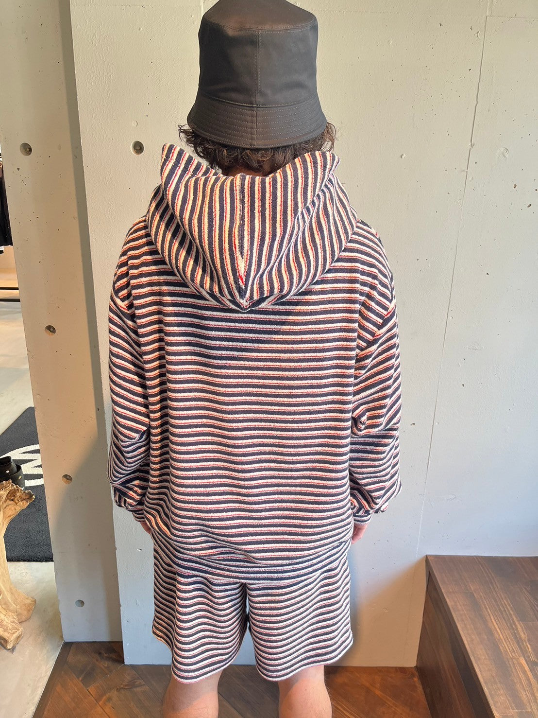 RED AND BLUE STRIPED TERRY HOODIE