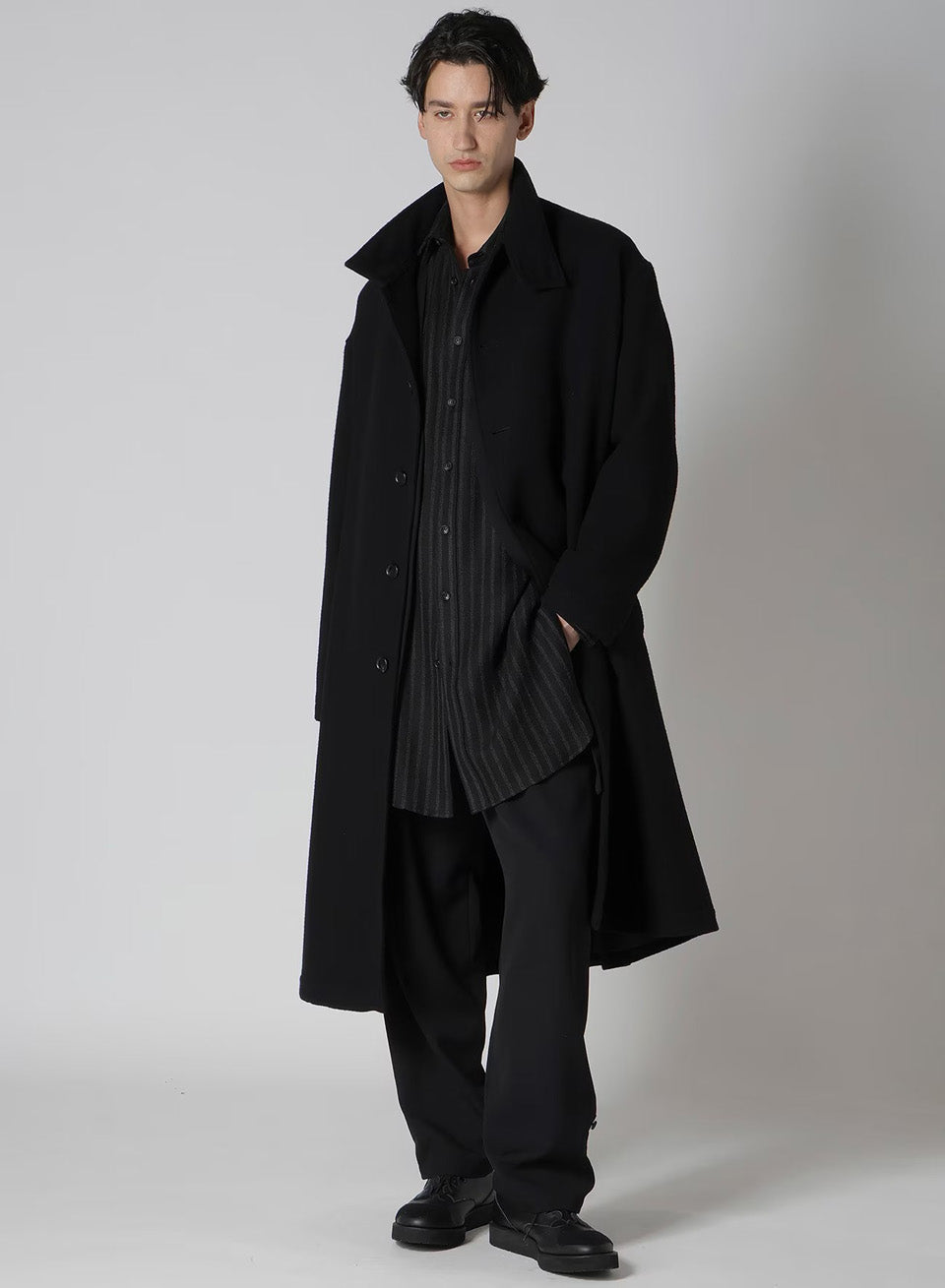 Yohji Yamamoto POUR HOMME-Airy Mosser Stand Collar Coat-NOWALL