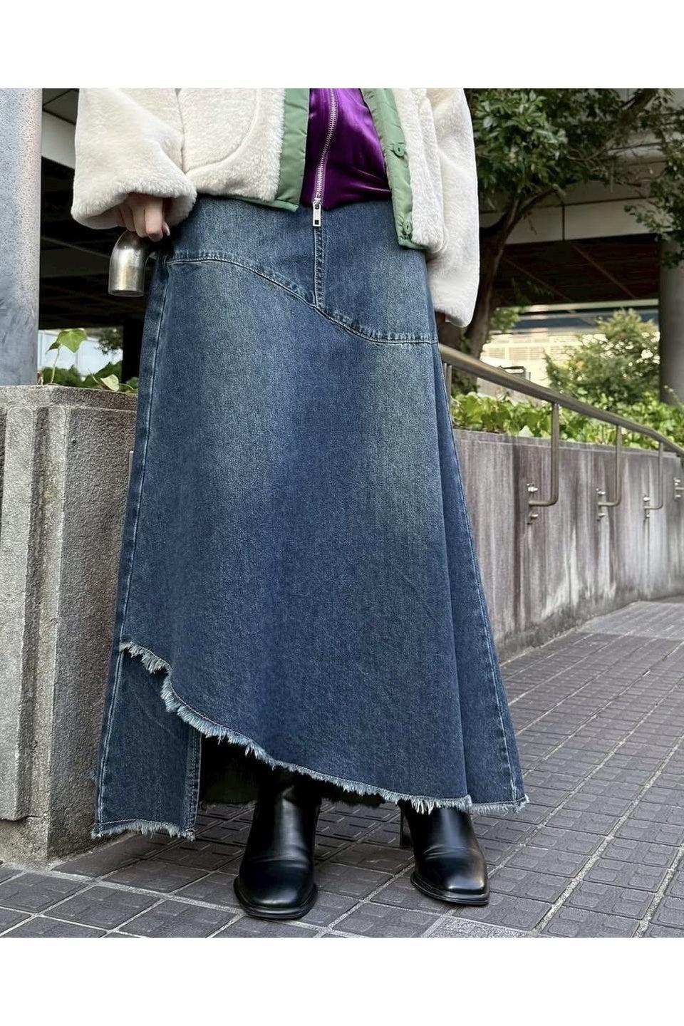 NOWALL-Asymmetric Cut Denim Long Skirt-NOWALL