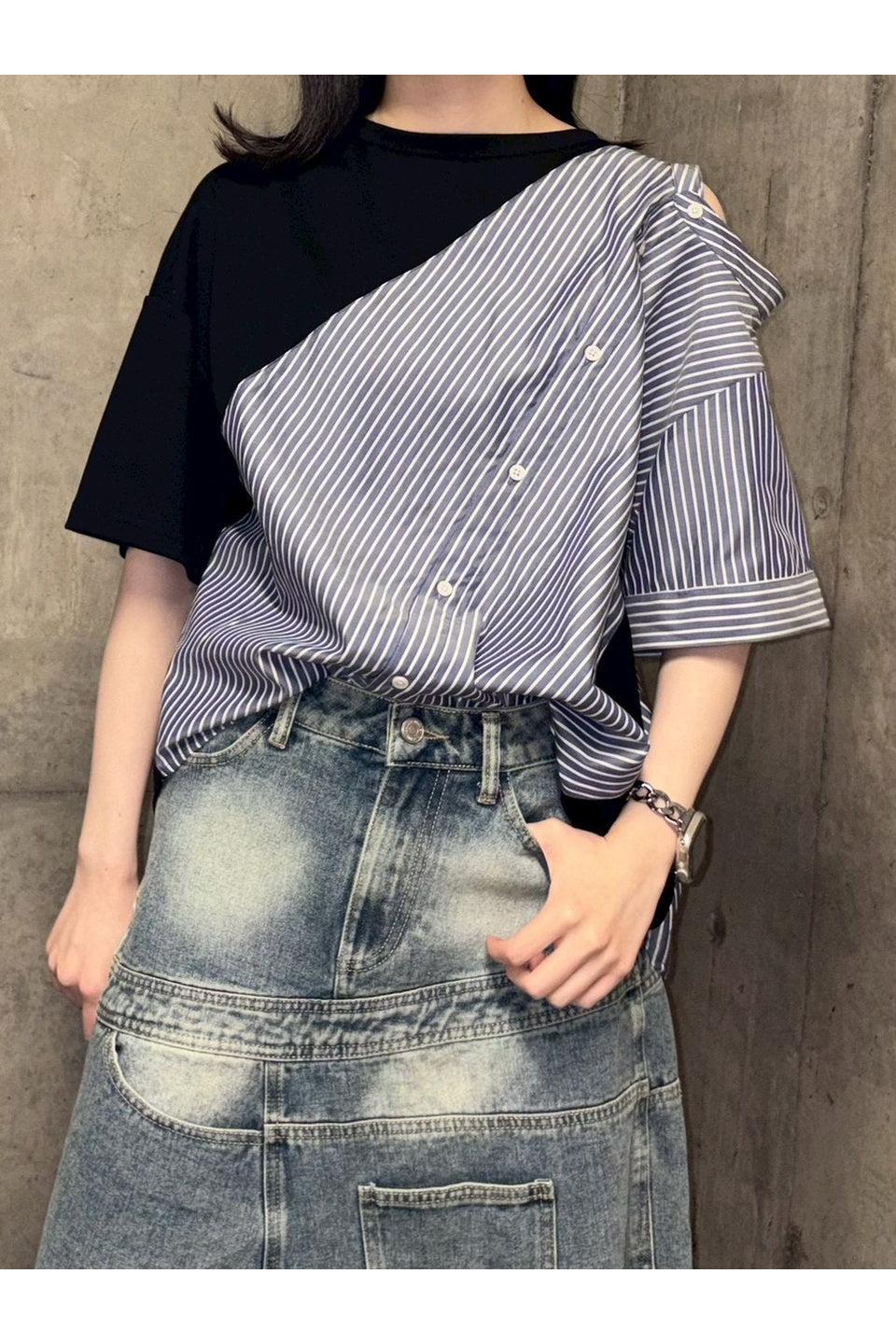 MICALLE MICALLE-Asymmetry Docking Stripe Shirt Tee-NOWALL