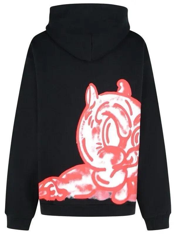 MARNI-Black Cotton Hoodie with Piggy Print-NOWALL