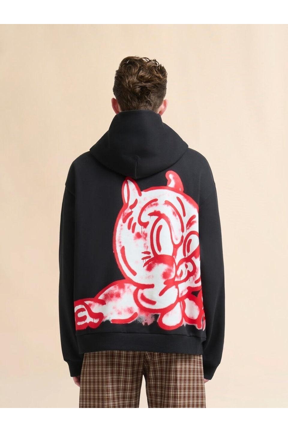 MARNI-Black Cotton Hoodie with Piggy Print-NOWALL