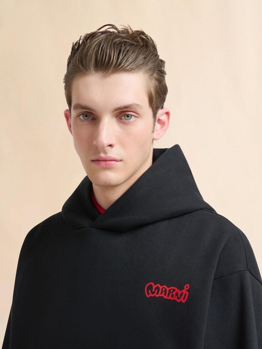 MARNI-Black Cotton Hoodie with Piggy Print-NOWALL
