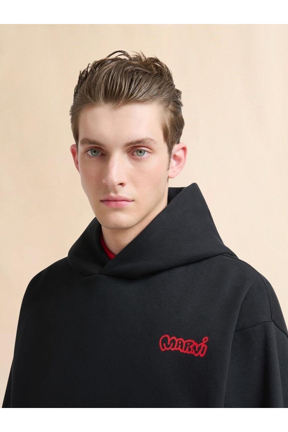 MARNI-Black Cotton Hoodie with Piggy Print-NOWALL