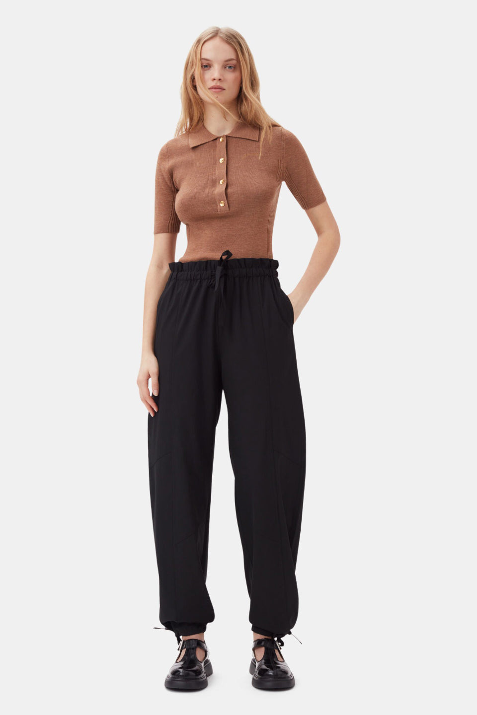 GANNI-Black Drapey Melange Elasticated Waist Trousers-NOWALL