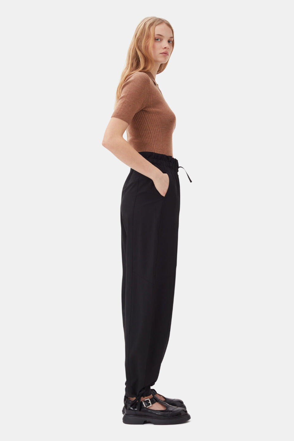 GANNI-Black Drapey Melange Elasticated Waist Trousers-NOWALL