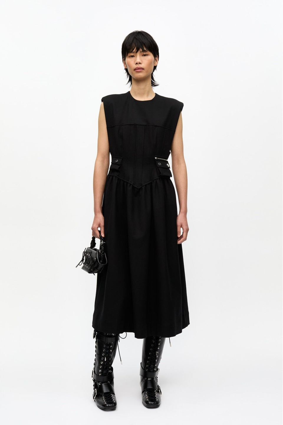 GANNI-Black Heavy Cotton Corset Midi Dress-NOWALL