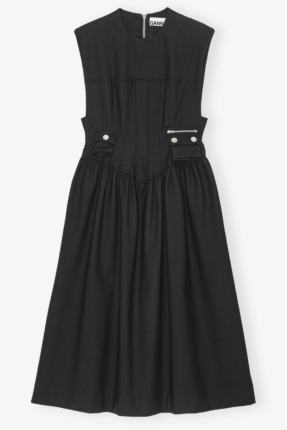 GANNI-Black Heavy Cotton Corset Midi Dress-NOWALL
